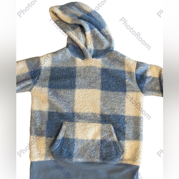 SO girls blue & white faux fur plaid hoodie size L 10/12 - Picture 2 of 9